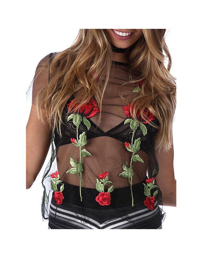 Rose Embroidered Mesh Short Sleeves Black See-through T-shirt