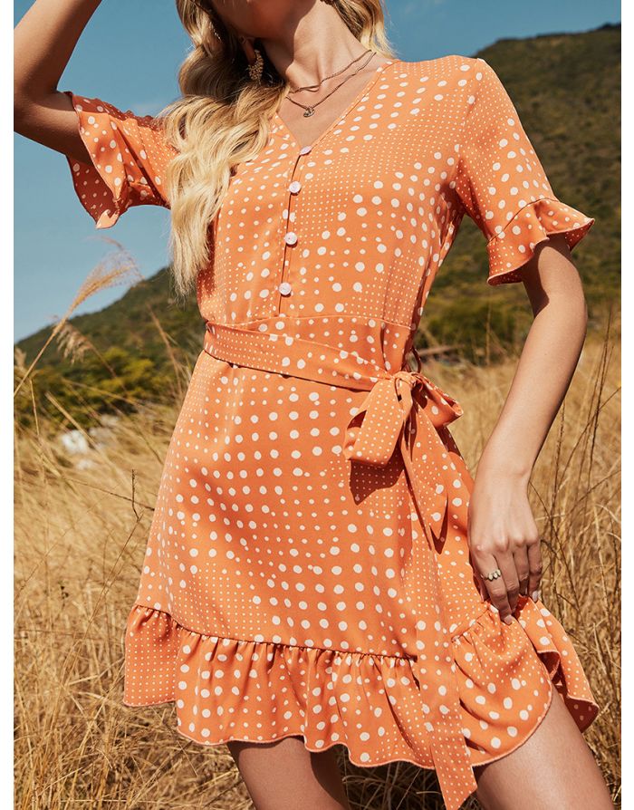Summer Dress Ruffled Short Sleeve V-Neck Single Breasted Polka Dot Printed Stitching Belted Casual A-Line Dresses